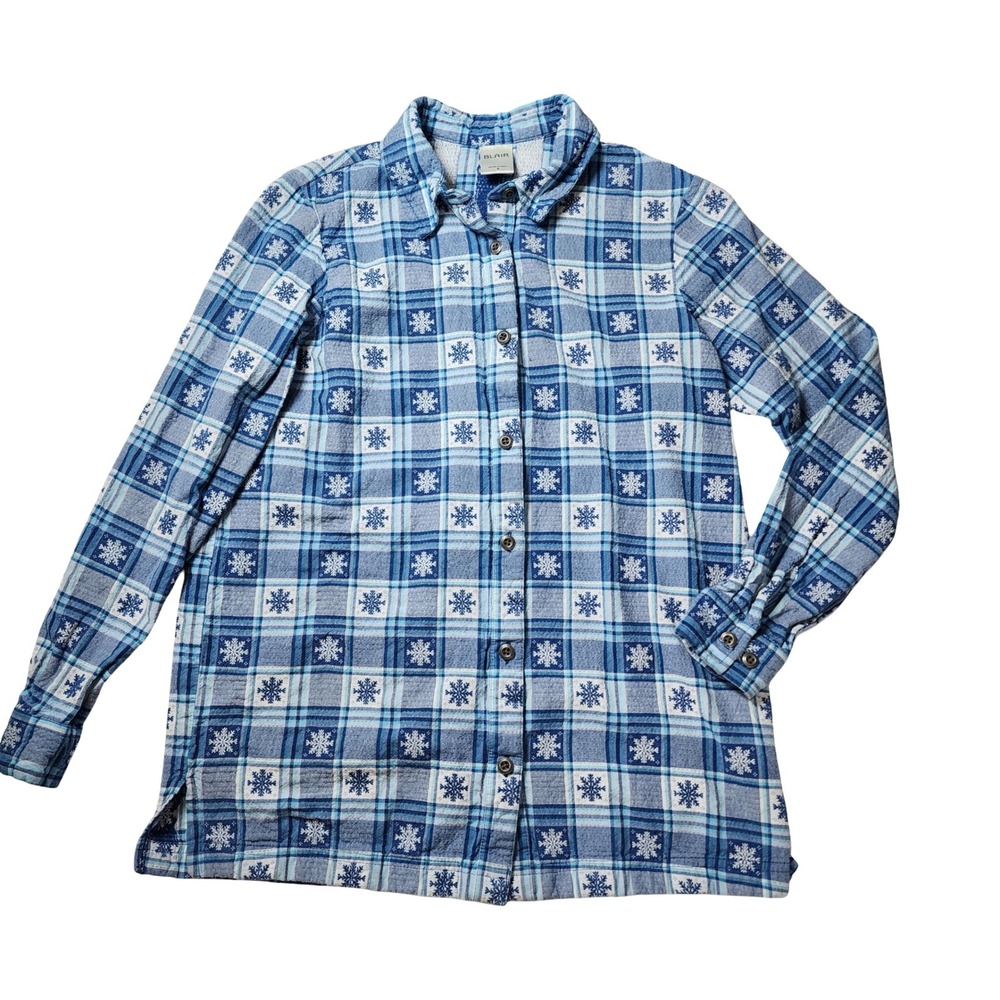 Blair Womens Small Blue Plaid Snowflake Button Down Shirt Cotton Winter Festive